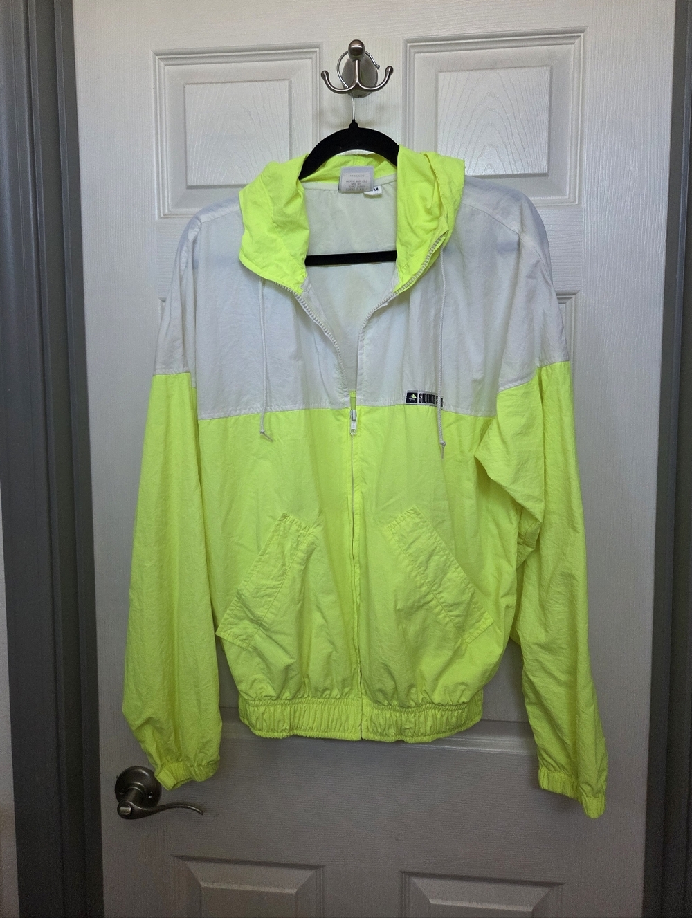 VTG. 80s 90s Retro Neon Yellow and White Colorblock Windbreaker Jacket Size Med.